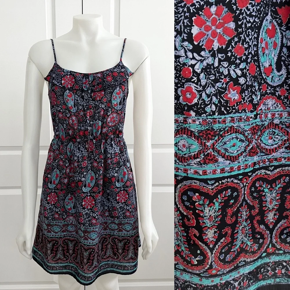 AE Floral & Paisley Print Ruffle Front Silky Spaghetti Strap Summer Dress